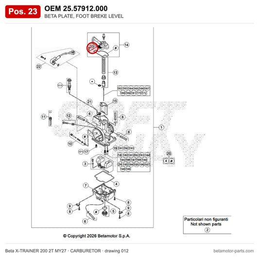 BETA PLATE, FOOT BREKE LEVEL – OEM 25.57912.000, position 23 on the Beta X-TRAINER 200 2T MY27 carburetor drawing