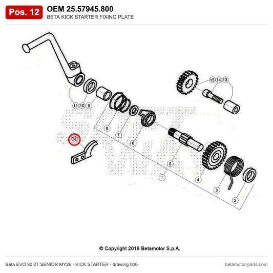 BETA KICK STARTER FIXING PLATE – OEM 25.57945.800, position 12 on the Beta EVO 80 2T SENIOR MY26 kick starter drawing