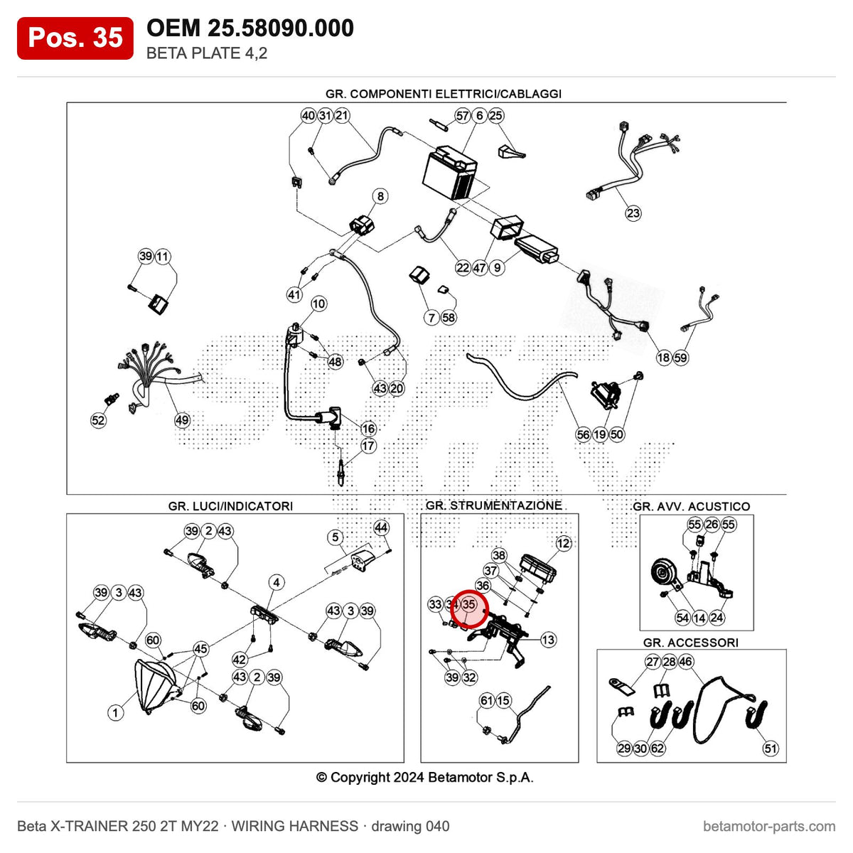 BETA PLATE 4,2 – OEM 25.58090.000, position 35 on the Beta X-TRAINER 250 2T MY22 wiring harness drawing