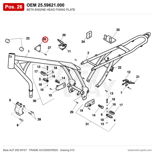 BETA ENGINE HEAD FIXING PLATE – OEM 25.59621.000, position 26 on the Beta ALP 200 MY07 frame accessories drawing