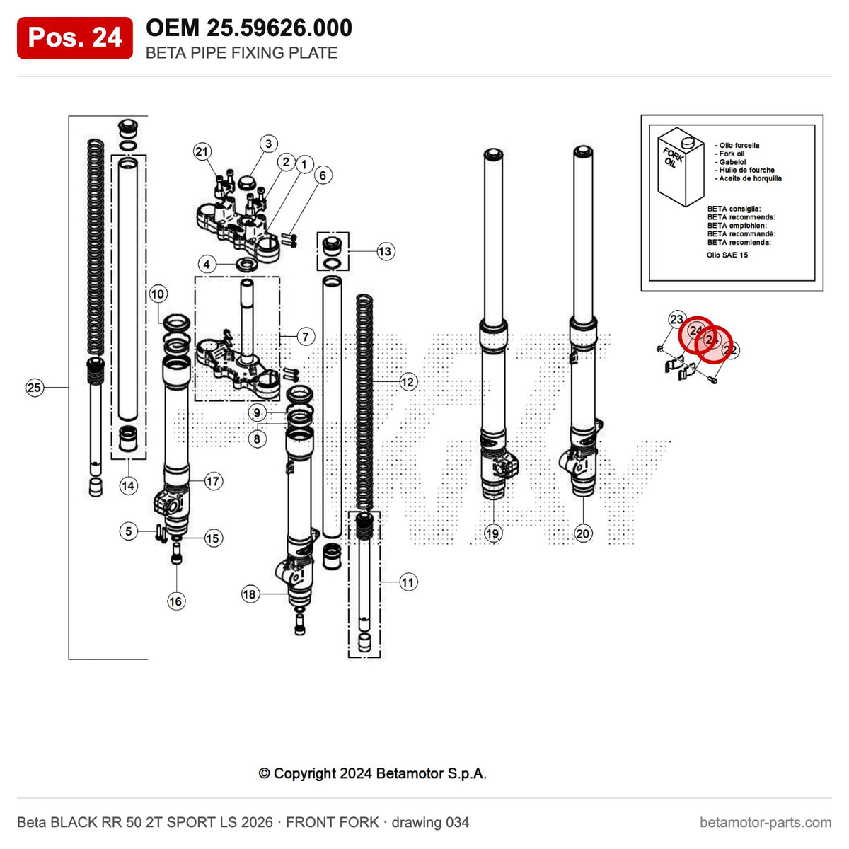 BETA PIPE FIXING PLATE – OEM 25.59626.000, position 24 on the Beta BLACK RR 50 2T SPORT LS 2026 front fork drawing
