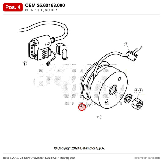 BETA PLATE, STATOR – OEM 25.60163.000, position 4 on the Beta EVO 80 2T SENIOR MY26 ignition drawing