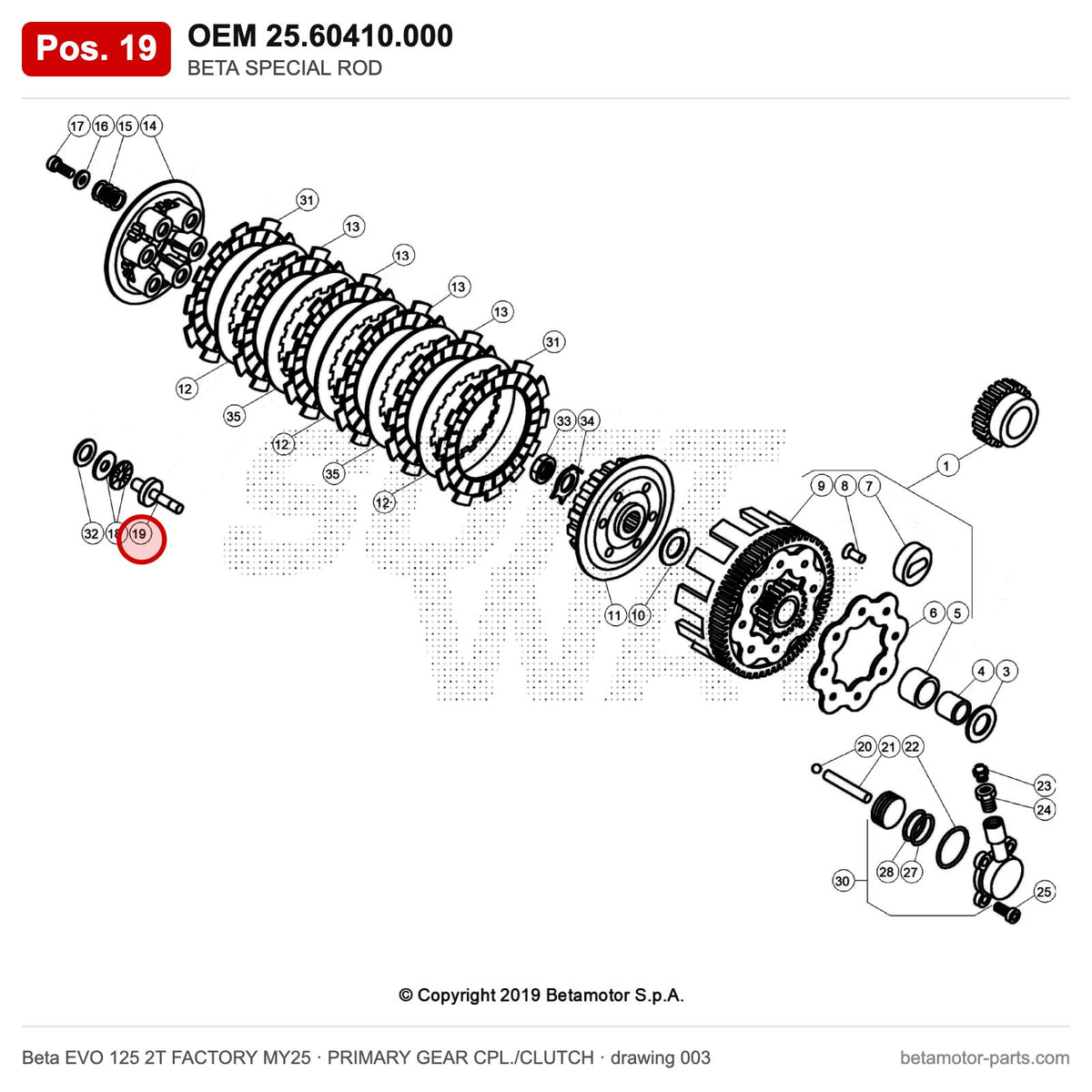 BETA SPECIAL ROD – OEM 25.60410.000, position 19 on the Beta EVO 125 2T FACTORY MY25 primary gear cpl./clutch drawing