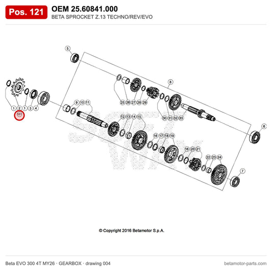BETA SPROCKET Z.13 TECHNO/REV/EVO – OEM 25.60841.000, position 121 on the Beta EVO 300 4T MY26 gearbox drawing
