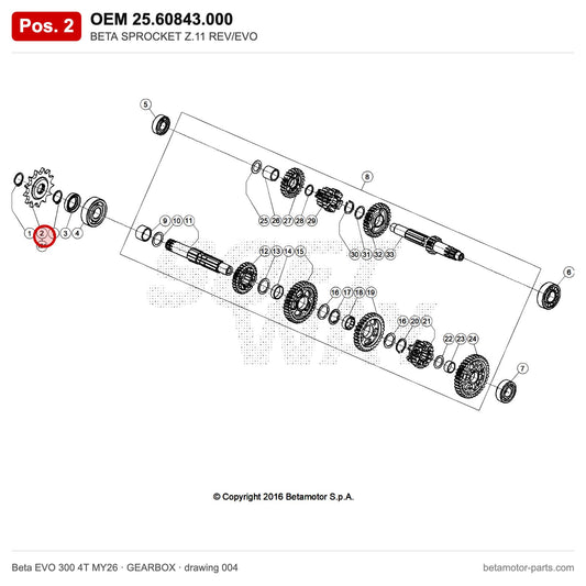 BETA SPROCKET Z.11 REV/EVO – OEM 25.60843.000, position 2 on the Beta EVO 300 4T MY26 gearbox drawing