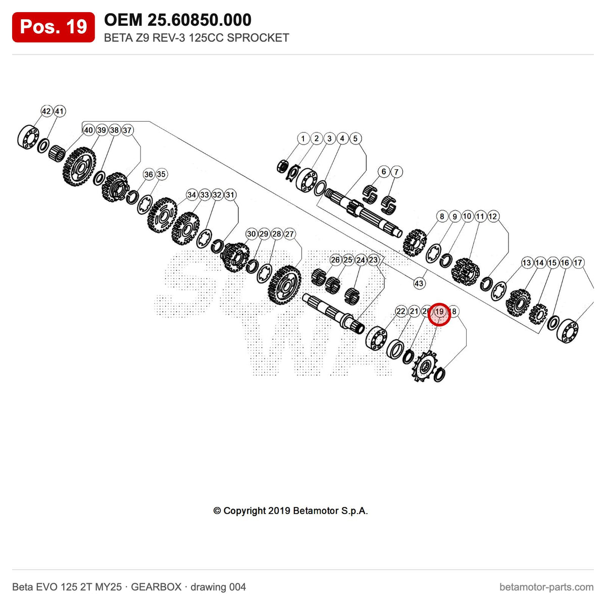 BETA Z9 REV-3 125CC SPROCKET – OEM 25.60850.000, position 19 on the Beta EVO 125 2T MY25 gearbox drawing