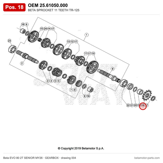 BETA SPROCKET 11 TEETH TR-125 – OEM 25.61050.000, position 18 on the Beta EVO 80 2T SENIOR MY26 gearbox drawing