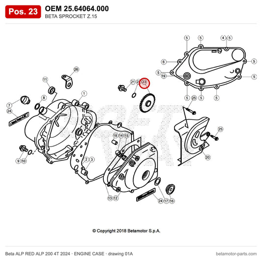 BETA SPROCKET Z.15 – OEM 25.64064.000, position 23 on the Beta ALP RED ALP 200 4T 2024 engine case drawing