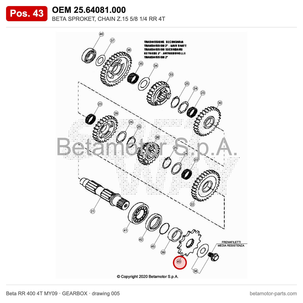 BETA SPROKET, CHAIN Z.15 5/8 1/4 RR 4T – OEM 25.64081.000, position 43 on the Beta RR 400 4T MY09 gearbox drawing