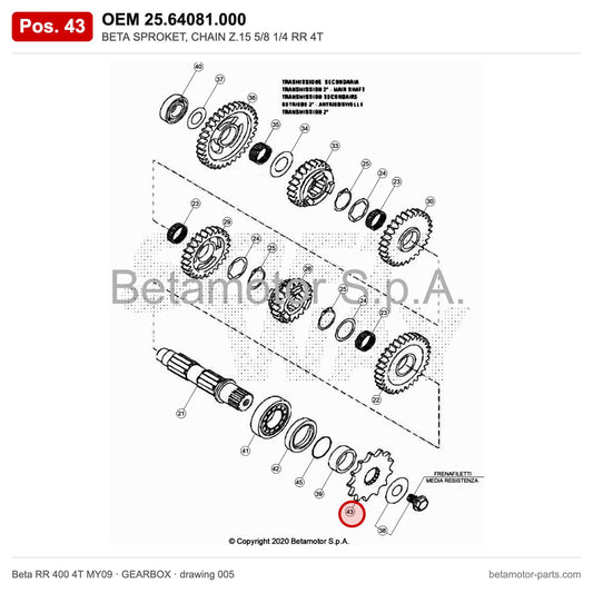 BETA SPROKET, CHAIN Z.15 5/8 1/4 RR 4T – OEM 25.64081.000, position 43 on the Beta RR 400 4T MY09 gearbox drawing