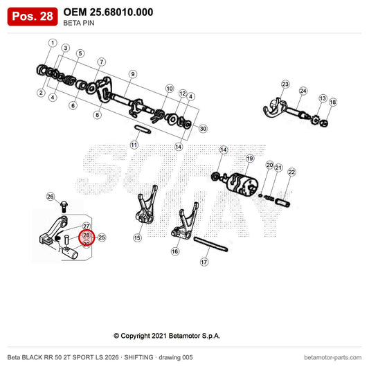BETA PIN – OEM 25.68010.000, position 28 on the Beta BLACK RR 50 2T SPORT LS 2026 shifting drawing