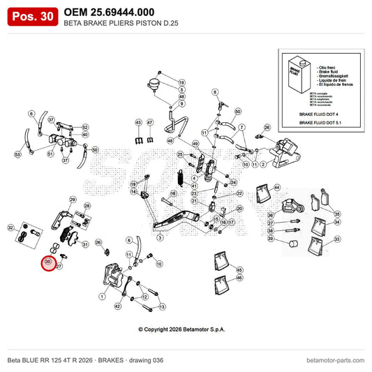 BETA BRAKE PLIERS PISTON D.25 – OEM 25.69444.000, position 30 on the Beta BLUE RR 125 4T R 2026 brakes drawing