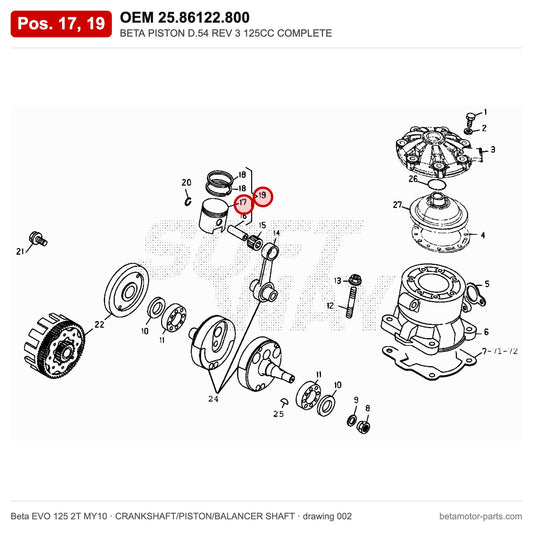 BETA PISTON D.54 REV 3 125CC COMPLETE – OEM 25.86122.800, positions 17,19 on the Beta EVO 125 2T MY10 crankshaft/piston/balancer shaft drawing