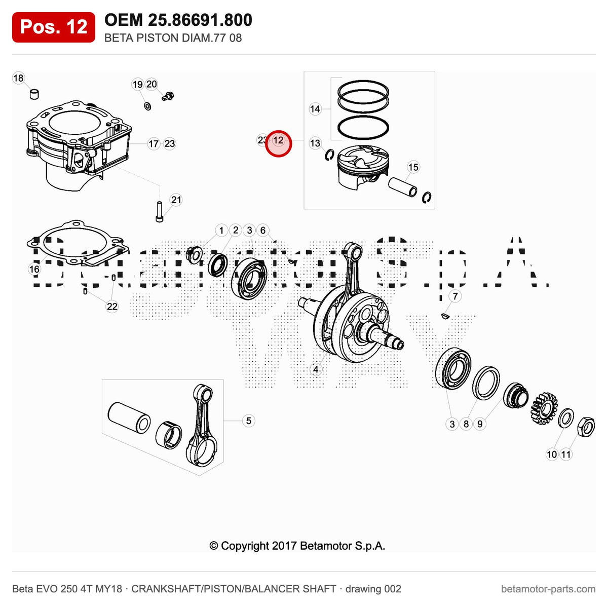 BETA PISTON DIAM.77 08 – OEM 25.86691.800, position 12 on the Beta EVO 250 4T MY18 crankshaft/piston/balancer shaft drawing