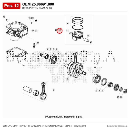 BETA PISTON DIAM.77 08 – OEM 25.86691.800, position 12 on the Beta EVO 250 4T MY18 crankshaft/piston/balancer shaft drawing