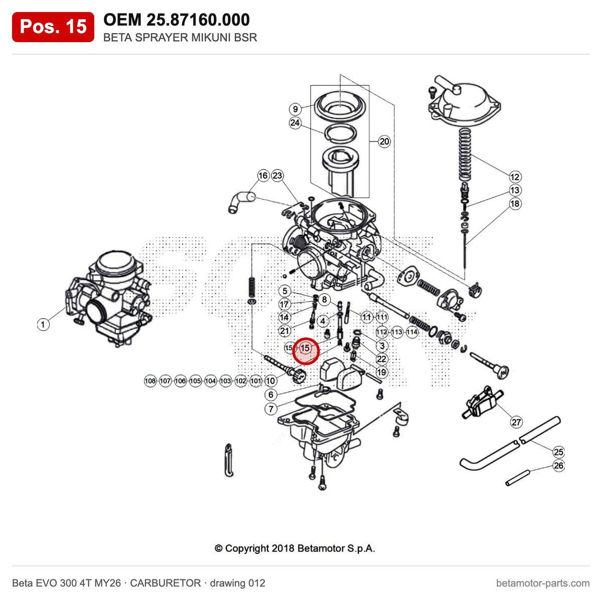 BETA SPRAYER MIKUNI BSR – OEM 25.87160.000, position 15 on the Beta EVO 300 4T MY26 carburetor drawing