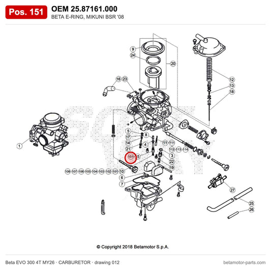 BETA E-RING, MIKUNI BSR '08 – OEM 25.87161.000, position 151 on the Beta EVO 300 4T MY26 carburetor drawing