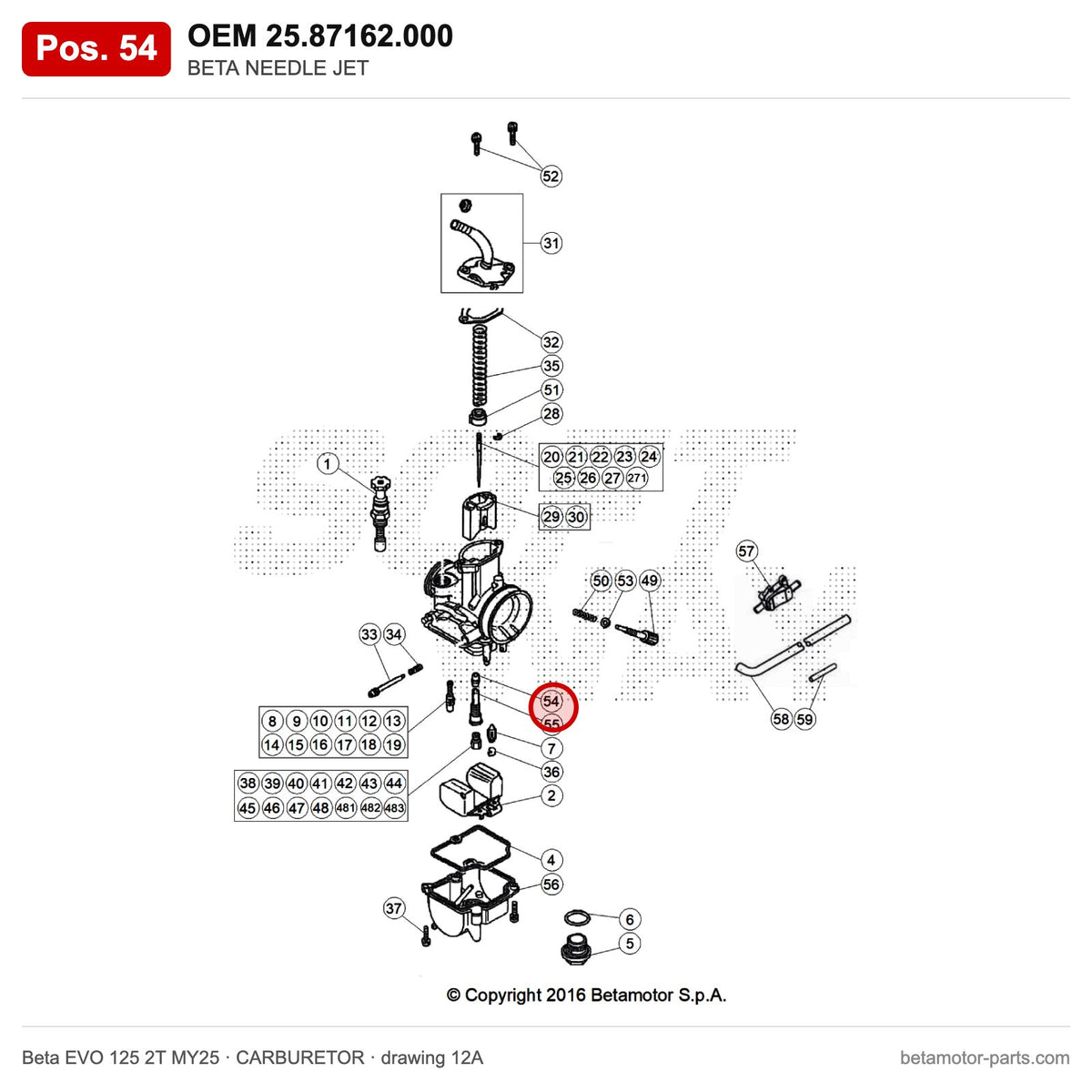 BETA NEEDLE JET – OEM 25.87162.000, position 54 on the Beta EVO 125 2T MY25 carburetor drawing