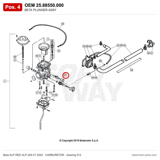 BETA PLUNGER ASSY – OEM 25.88550.000, position 4 on the Beta ALP RED ALP 200 4T 2024 carburetor drawing