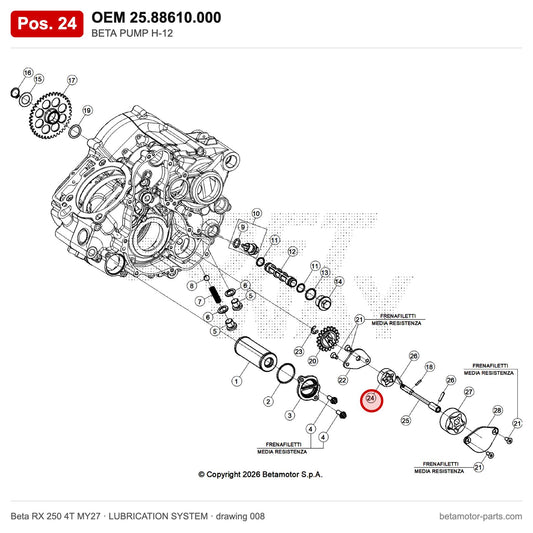 BETA PUMP H-12 – OEM 25.88610.000, position 24 on the Beta RX 250 4T MY27 lubrication system drawing