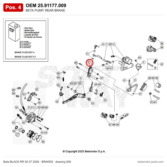 BETA PUMP, REAR BRAKE – OEM 25.91177.009, position 4 on the Beta BLACK RR 50 2T 2026 brakes drawing