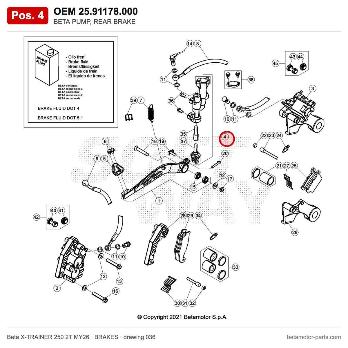 BETA PUMP, REAR BRAKE – OEM 25.91178.000, position 4 on the Beta X-TRAINER 250 2T MY26 brakes drawing