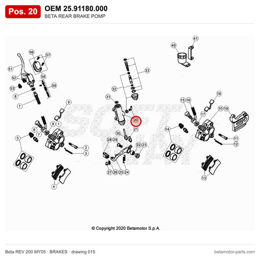 BETA REAR BRAKE POMP – OEM 25.91180.000, position 20 on the Beta REV 200 MY05 brakes drawing