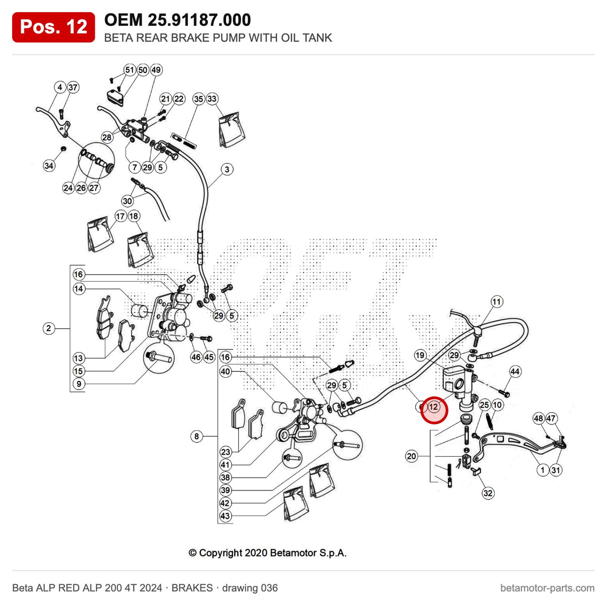 BETA REAR BRAKE PUMP WITH OIL TANK – OEM 25.91187.000, position 12 on the Beta ALP RED ALP 200 4T 2024 brakes drawing