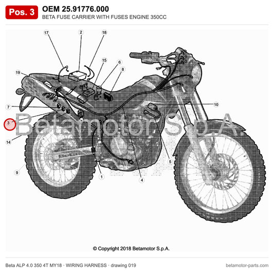 BETA FUSE CARRIER WITH FUSES ENGINE 350CC – OEM 25.91776.000, position 3 on the Beta ALP 4.0 350 4T MY18 wiring harness drawing