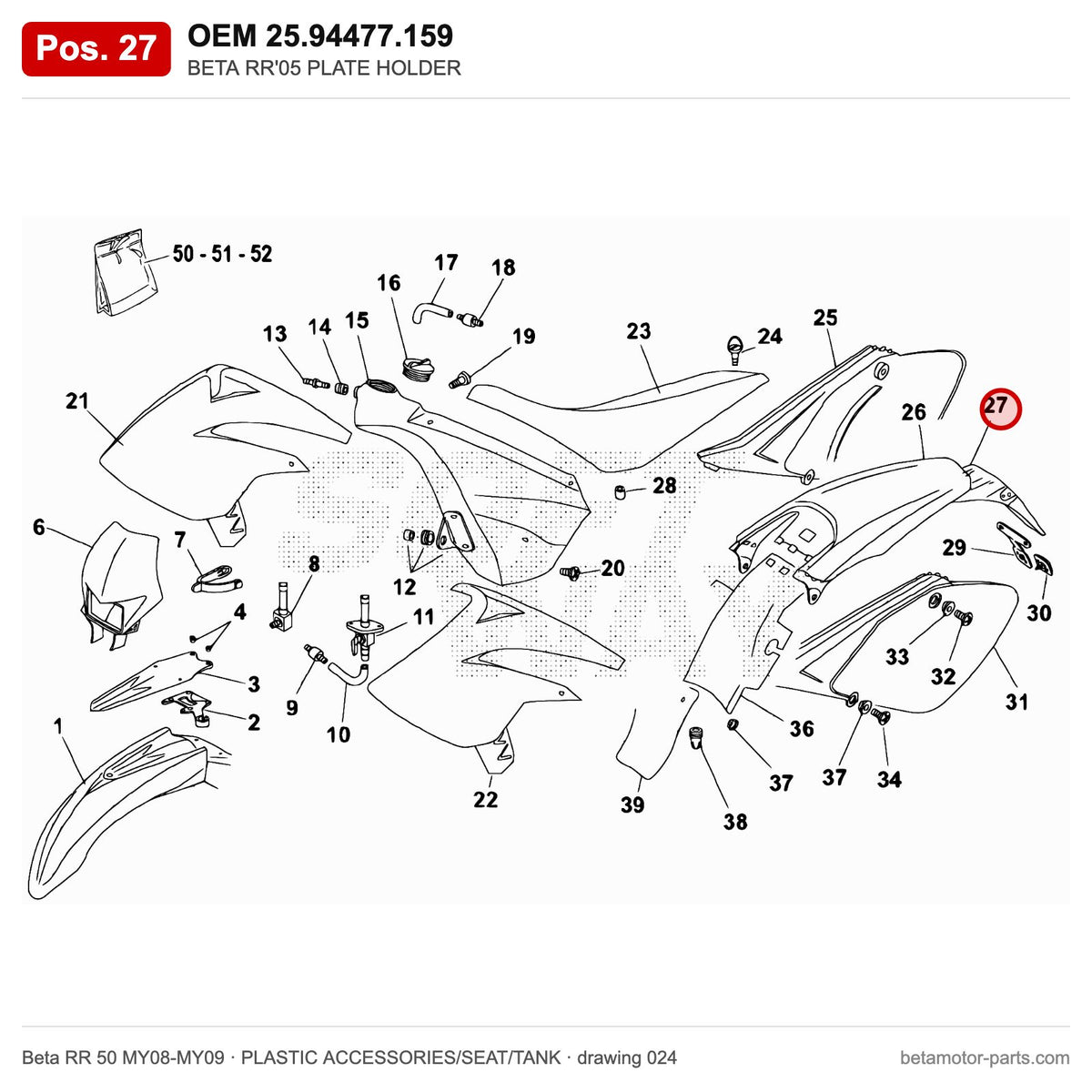 BETA RR'05 PLATE HOLDER – OEM 25.94477.159, position 27 on the Beta RR 50 MY08-MY09 plastic accessories/seat/tank drawing