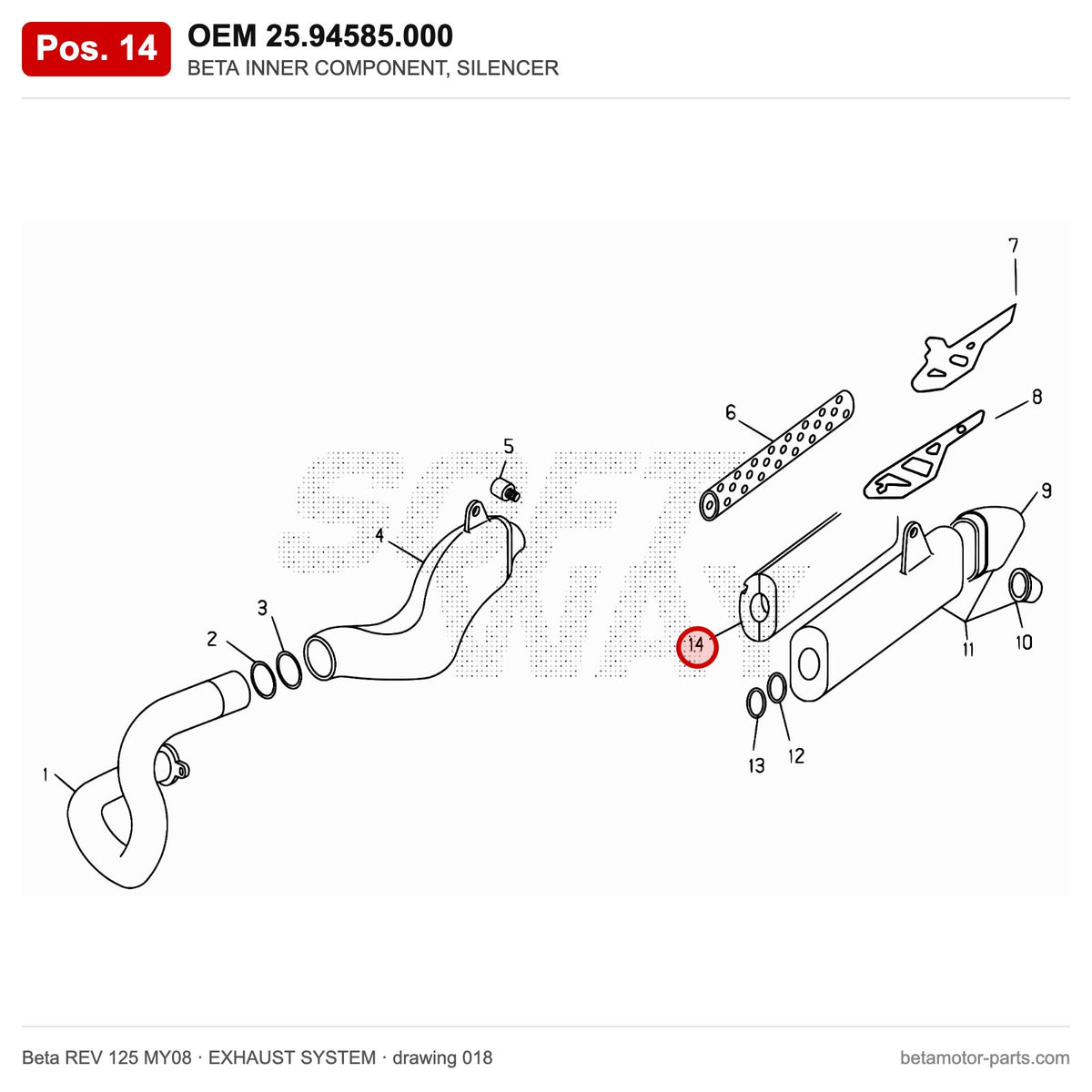 BETA INNER COMPONENT, SILENCER – OEM 25.94585.000, position 14 on the Beta REV 125 MY08 exhaust system drawing