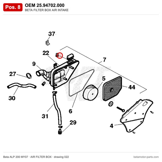 BETA FILTER BOX AIR INTAKE – OEM 25.94702.000, position 8 on the Beta ALP 200 MY07 air filter box drawing