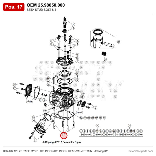 BETA STUD BOLT 8.41 – OEM 25.98050.000, position 17 on the Beta RR 125 2T RACE MY27 cylinder/cylinder head/valvetrain drawing