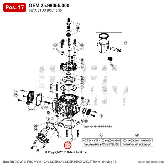 BETA STUD BOLT 8.30 – OEM 25.98055.000, position 17 on the Beta RR 200 2T X-PRO MY27 cylinder/cylinder head/valvetrain drawing