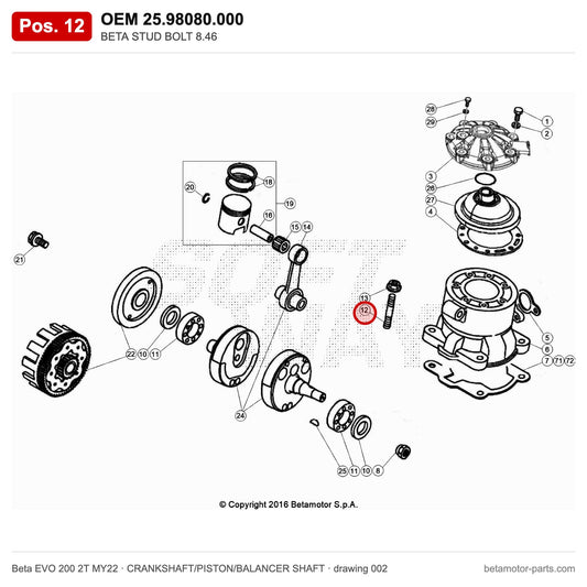 BETA STUD BOLT 8.46 – OEM 25.98080.000, position 12 on the Beta EVO 200 2T MY22 crankshaft/piston/balancer shaft drawing