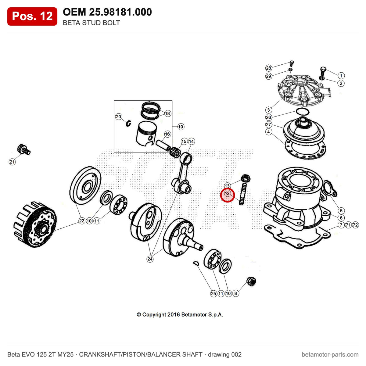 BETA STUD BOLT – OEM 25.98181.000, position 12 on the Beta EVO 125 2T MY25 crankshaft/piston/balancer shaft drawing