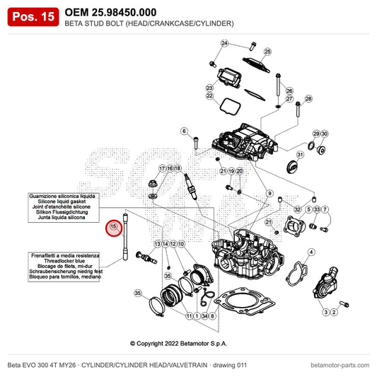 BETA STUD BOLT (HEAD/CRANKCASE/CYLINDER) – OEM 25.98450.000, position 15 on the Beta EVO 300 4T MY26 cylinder/cylinder head/valvetrain drawing