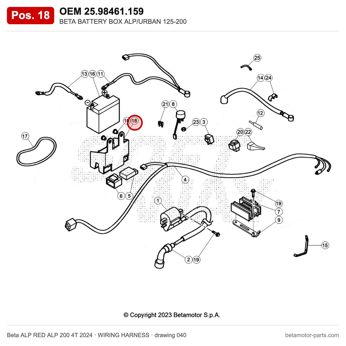 BETA BATTERY BOX ALP/URBAN 125-200 – OEM 25.98461.159, position 18 on the Beta ALP RED ALP 200 4T 2024 wiring harness drawing