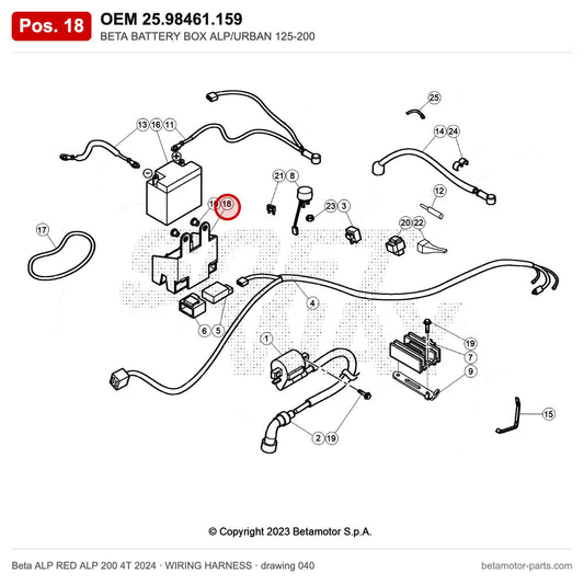 BETA BATTERY BOX ALP/URBAN 125-200 – OEM 25.98461.159, position 18 on the Beta ALP RED ALP 200 4T 2024 wiring harness drawing