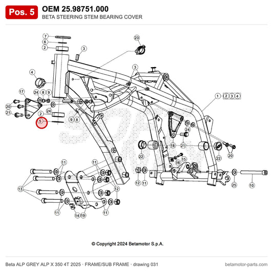 BETA STEERING STEM BEARING COVER – OEM 25.98751.000, position 5 on the Beta ALP GREY ALP X 350 4T 2025 frame/sub frame drawing