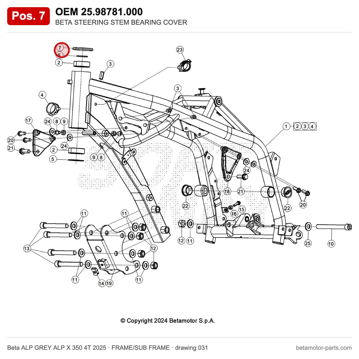 BETA STEERING STEM BEARING COVER – OEM 25.98781.000, position 7 on the Beta ALP GREY ALP X 350 4T 2025 frame/sub frame drawing