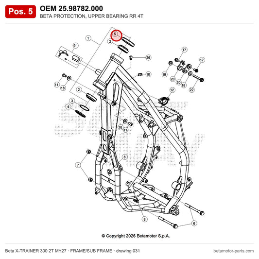 BETA PROTECTION, UPPER BEARING RR 4T – OEM 25.98782.000, position 5 on the Beta X-TRAINER 300 2T MY27 frame/sub frame drawing