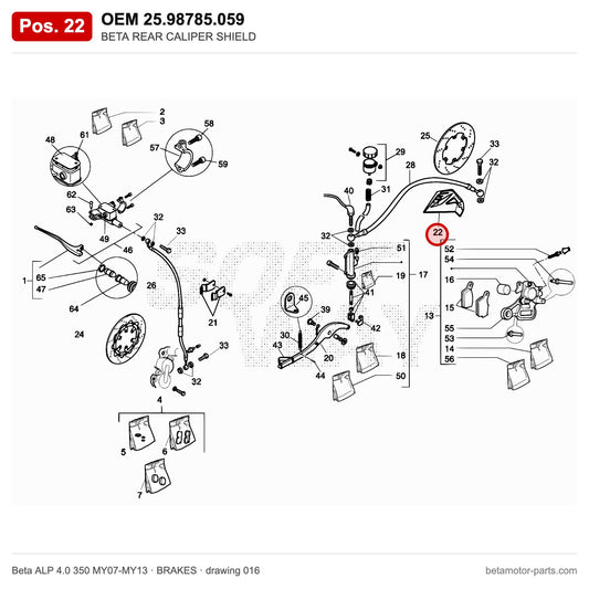 BETA REAR CALIPER SHIELD – OEM 25.98785.059, position 22 on the Beta ALP 4.0 350 MY07-MY13 brakes drawing