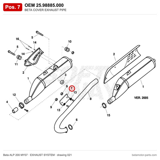 BETA COVER EXHAUST PIPE – OEM 25.98885.000, position 7 on the Beta ALP 200 MY07 exhaust system drawing