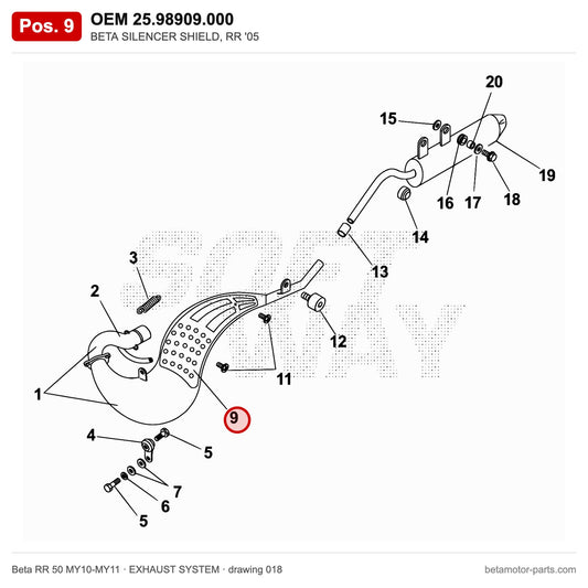 BETA SILENCER SHIELD, RR '05 – OEM 25.98909.000, position 9 on the Beta RR 50 MY10-MY11 exhaust system drawing