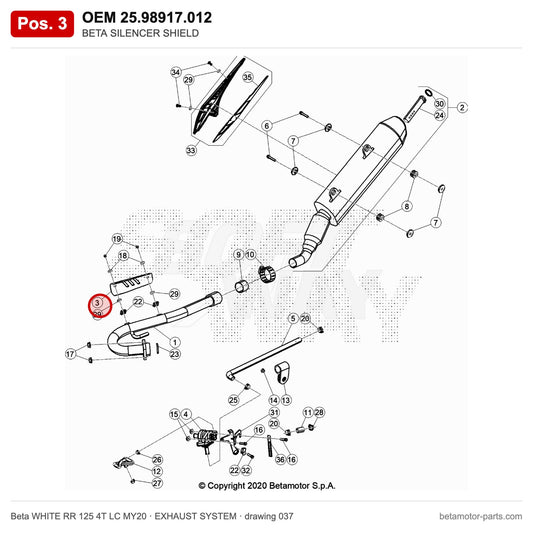 BETA SILENCER SHIELD – OEM 25.98917.012, position 3 on the Beta WHITE RR 125 4T LC MY20 exhaust system drawing