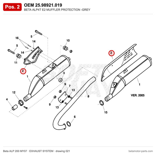 BETA ALP4T E2 MUFFLER PROTECTION -GREY – OEM 25.98921.019, position 2 on the Beta ALP 200 MY07 exhaust system drawing