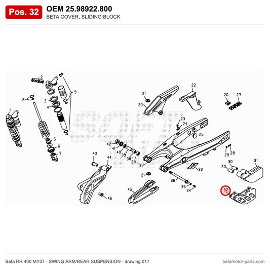 BETA COVER, SLIDING BLOCK – OEM 25.98922.800, position 32 on the Beta RR 400 MY07 swing arm/rear suspension drawing