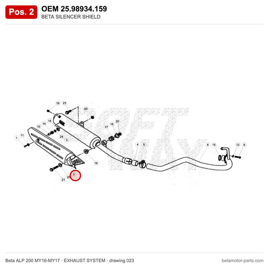 BETA SILENCER SHIELD – OEM 25.98934.159, position 2 on the Beta ALP 200 MY16-MY17 exhaust system drawing