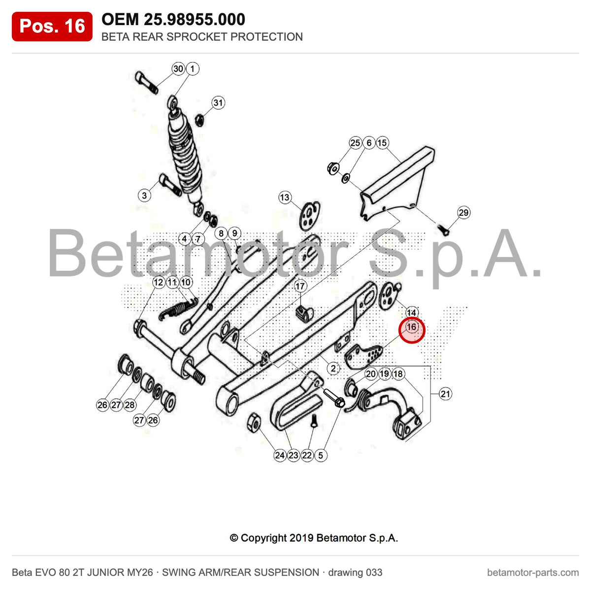 BETA REAR SPROCKET PROTECTION – OEM 25.98955.000, position 16 on the Beta EVO 80 2T JUNIOR MY26 swing arm/rear suspension drawing